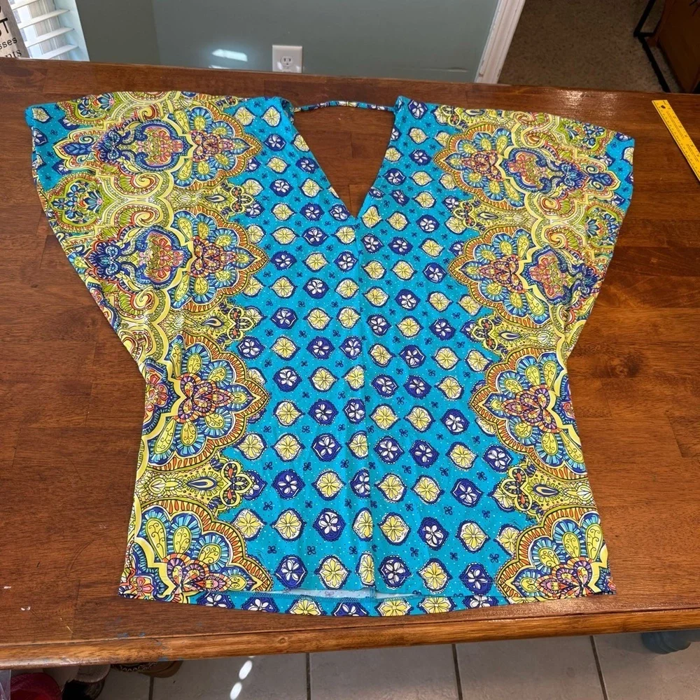 Trina Turk Blue and Yellow swim cover up tunic Corsica print sz Large swim & spa